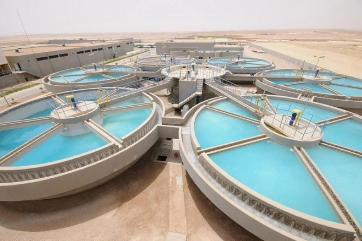 Aerial view of water-treatment clarifiers