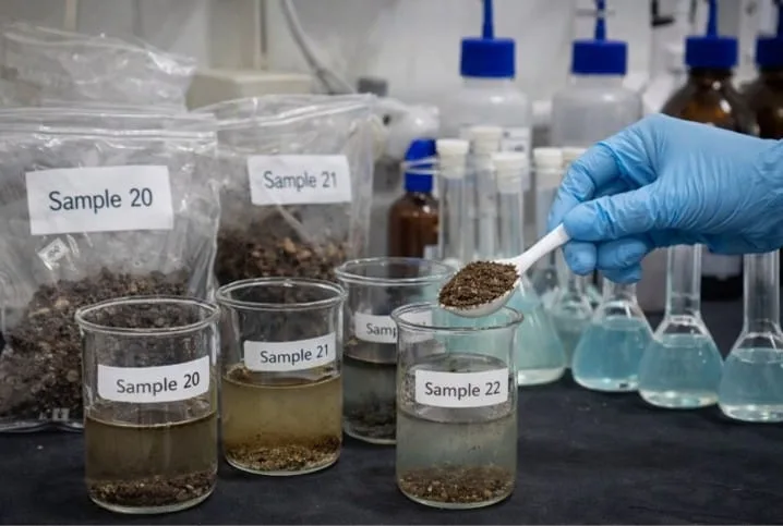 Soil samples prepared for environmental analysis in the laboratory