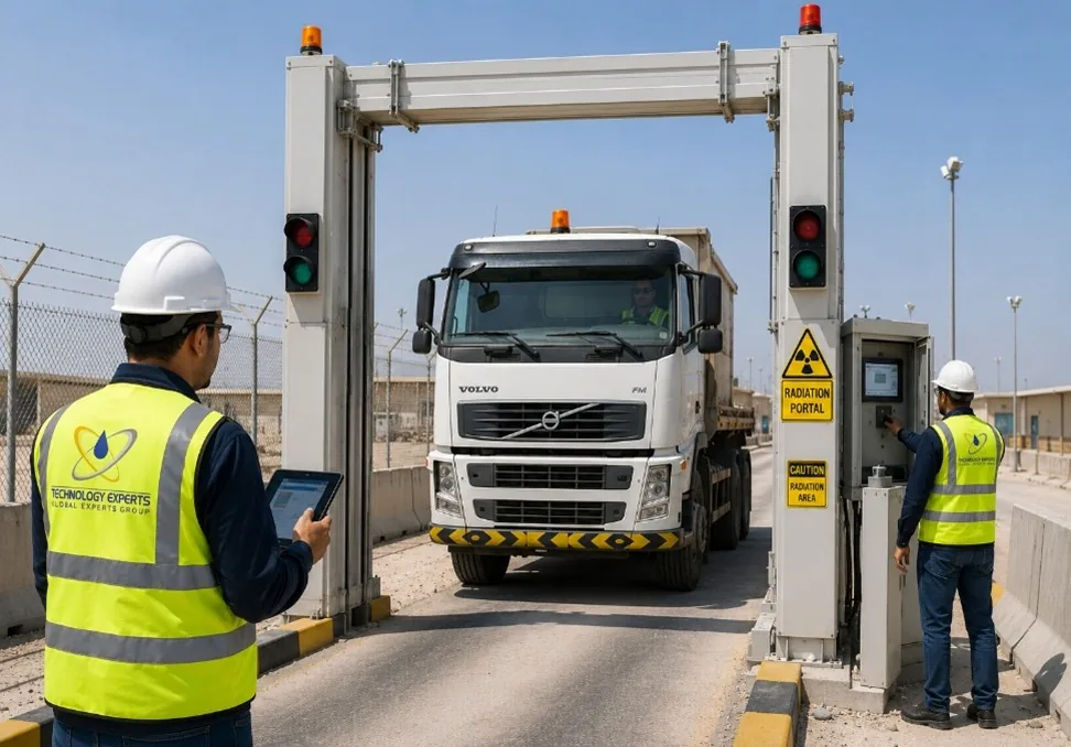 Technology Experts team screening a truck through a radiation portal monitor at a facility gate
